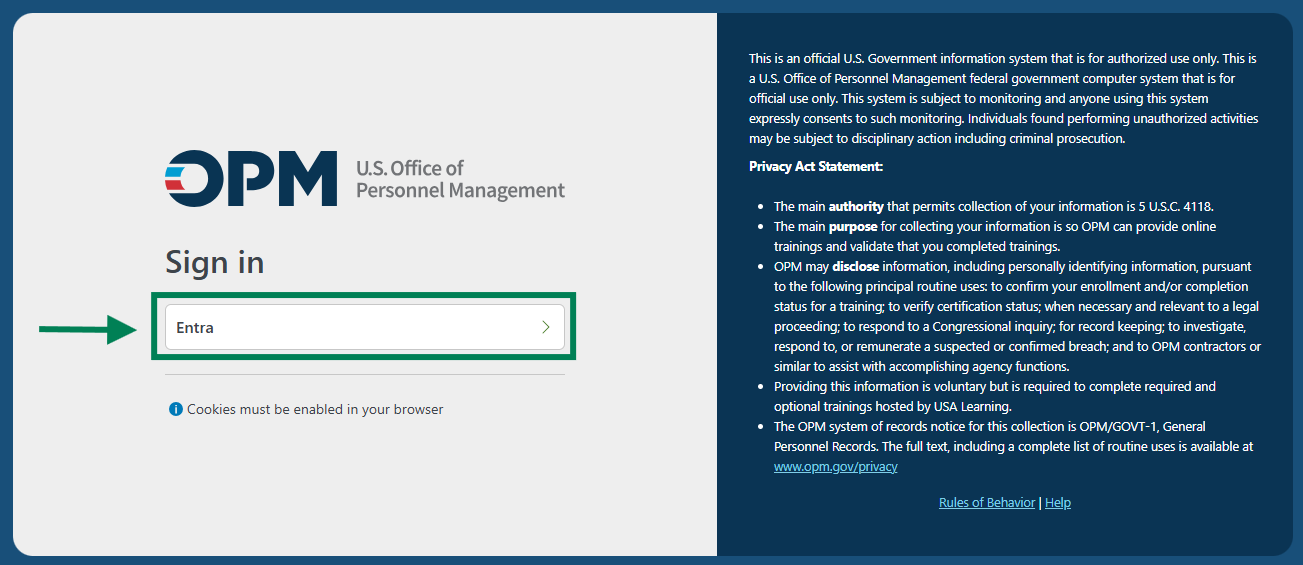 USA Learning sign in page with the "Entra" sign in option highlighted.