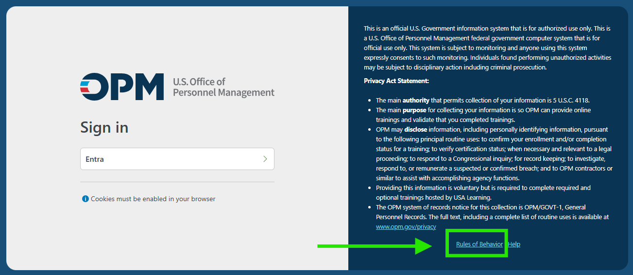 USA Learning sign in page with the link to USAL's "Rules of Behavior" highlighted