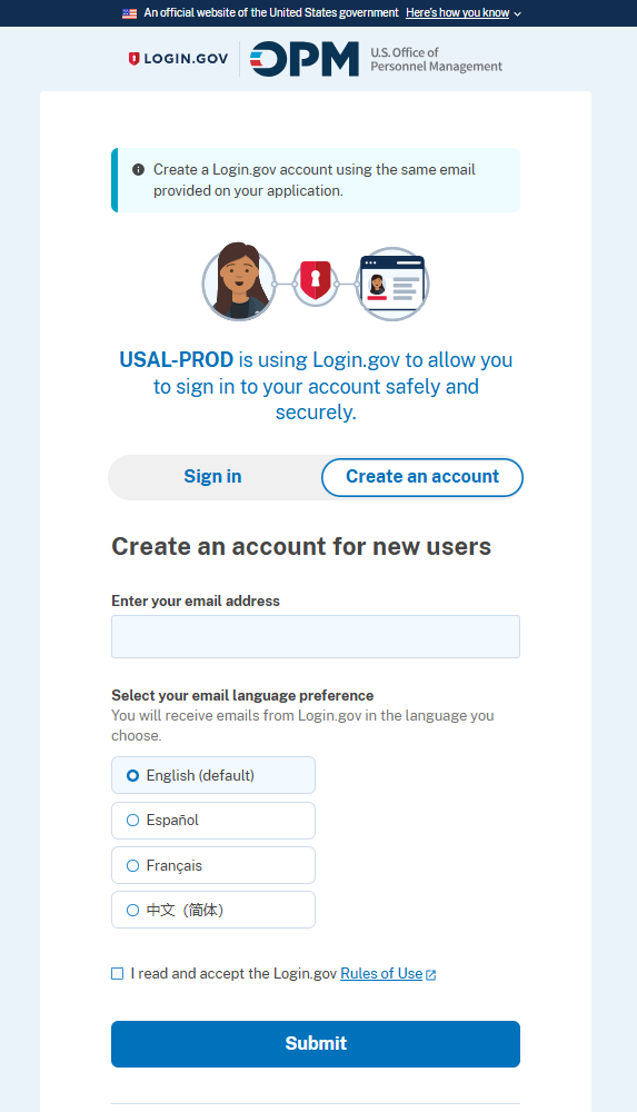 Login.gov “Create an account” page for USAL-PROD with the “Create an account” tab selected, an email address field, language preference options (English default, Español, Français, 中文（简体）), a checkbox to accept the Login.gov Rules of Use, and a “Submit” button.