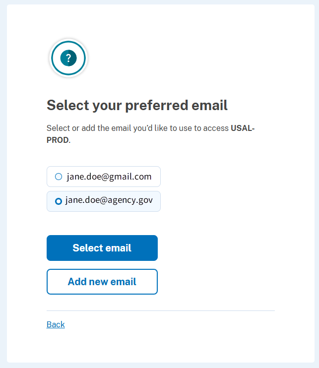 USAL-PROD email selection screen showing two email address options, one selected, with Select email and Add new email buttons.